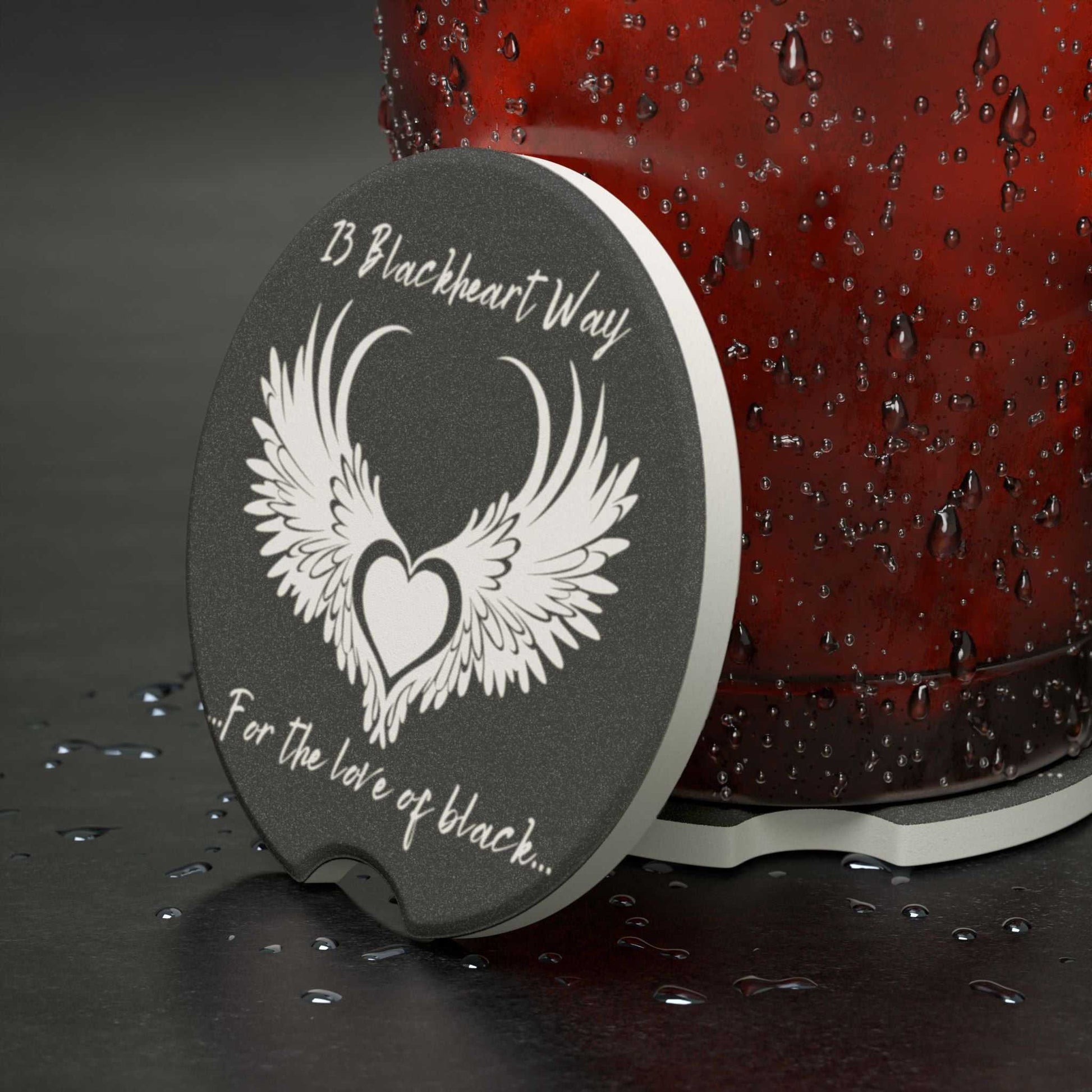 Soapstone car coaster with 13 Blackheart Way logo, absorbs condensation, matte finish.