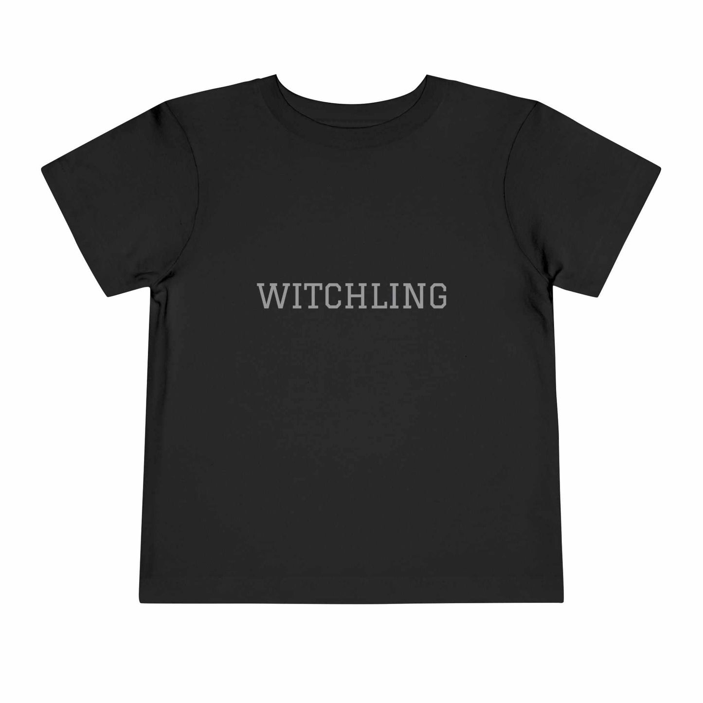 Black toddler short sleeve tee with "Witchling" on front, 100% cotton.