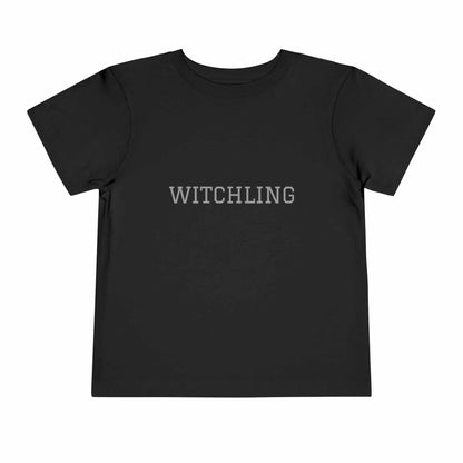 Black toddler short sleeve tee with "Witchling" on front, 100% cotton.