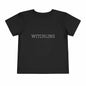 Black toddler short sleeve tee with "Witchling" on front, 100% cotton.
