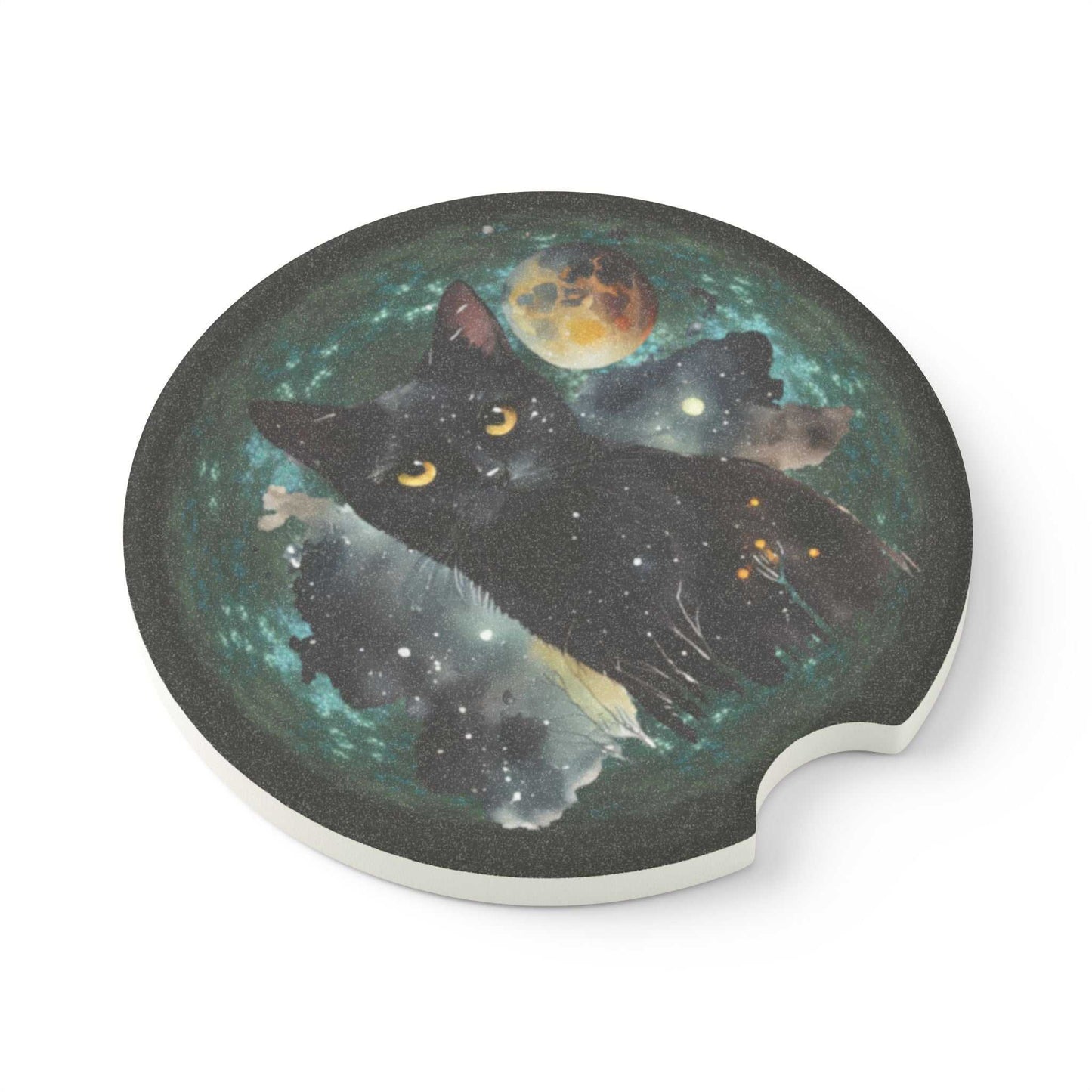Celestial cat soapstone car coaster with galaxy design, perfect for cat lovers.