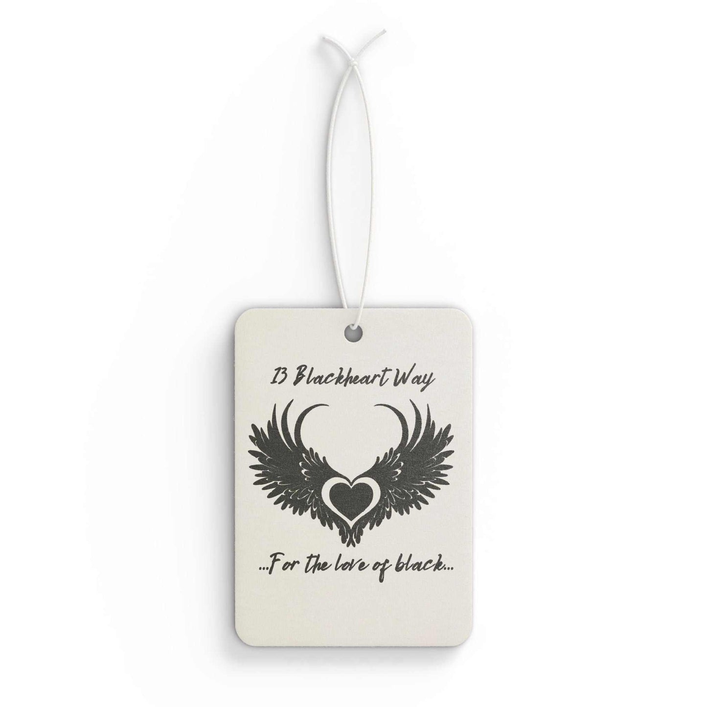 Car air freshener with 13 Blackheart Way logo design, featuring sleek aesthetics and fresh scents.