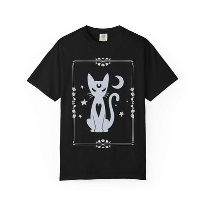 Black unisex t-shirt with mystical witchy cat, crescent moon, and stars graphic design