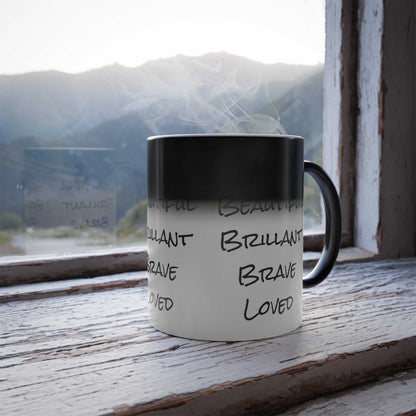 Moms Color Morphing Mug with special design, 11oz, on rustic windowsill with mountain view.