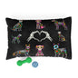 Colorful sugar skull dog bed with skeleton design, perfect for Dia de los Muertos or Halloween decor.