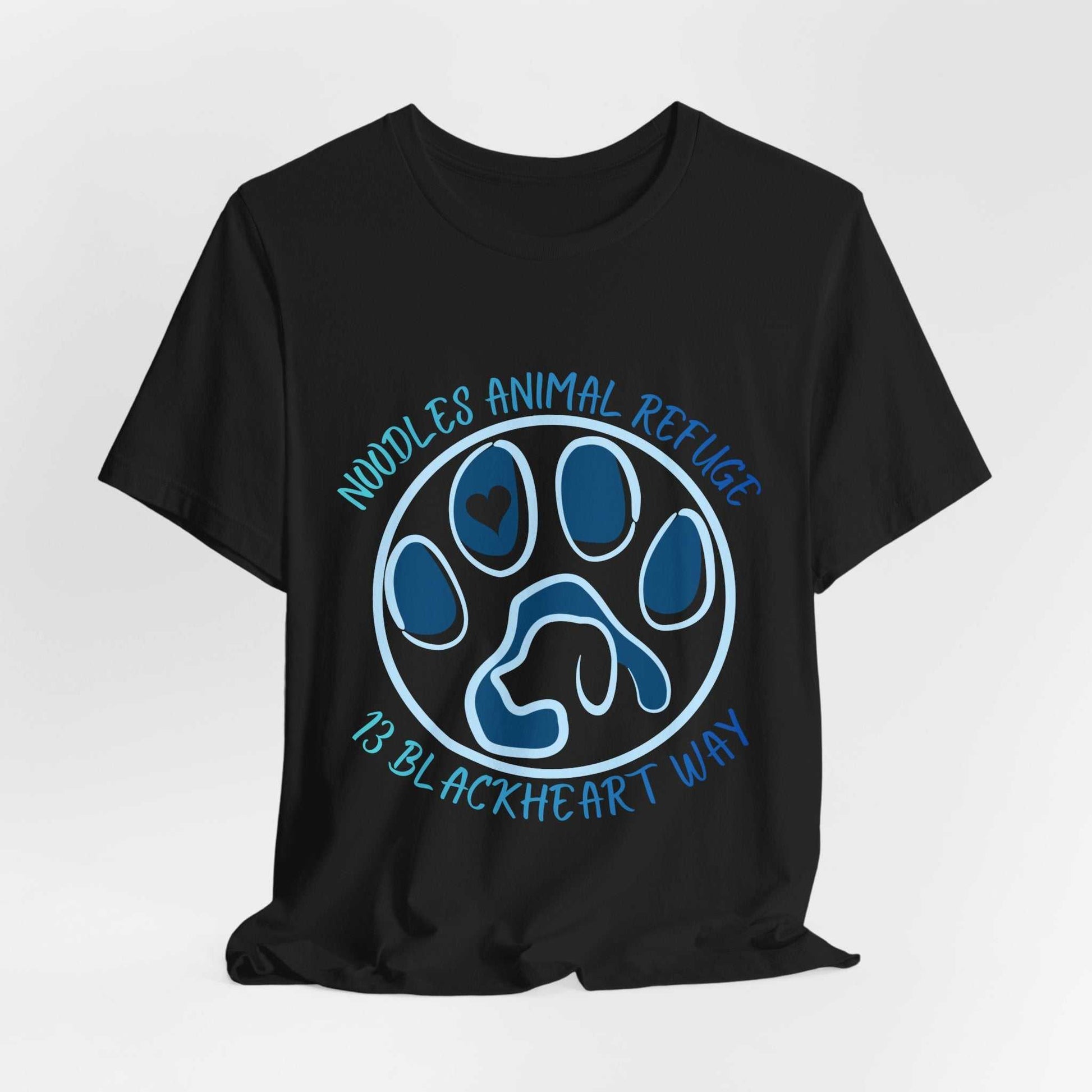 Black Look Good Do Good Tee featuring blue paw print logo for Noodles Animal Refuge and 13 Blackheart Way collaboration