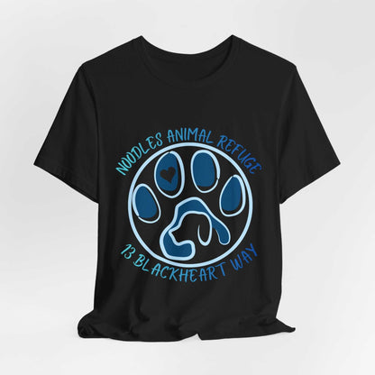 Black Look Good Do Good Tee featuring blue paw print logo for Noodles Animal Refuge and 13 Blackheart Way collaboration
