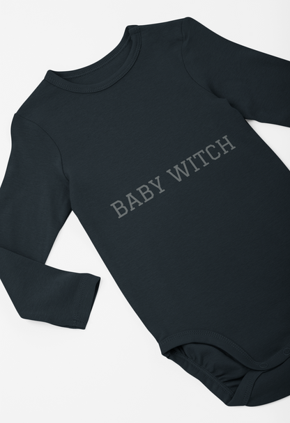 Baby Witch Infant long sleeve bodysuit in soft fabric, durable and easy to change, with plastic snap closures.