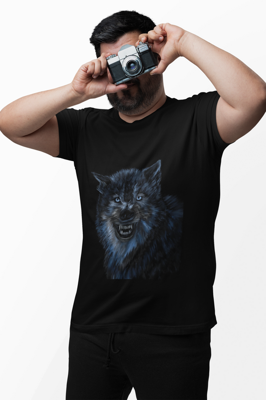 Black t-shirt featuring a digitally hand-drawn fierce wolf graphic with intense gaze, worn by a man holding a camera.
