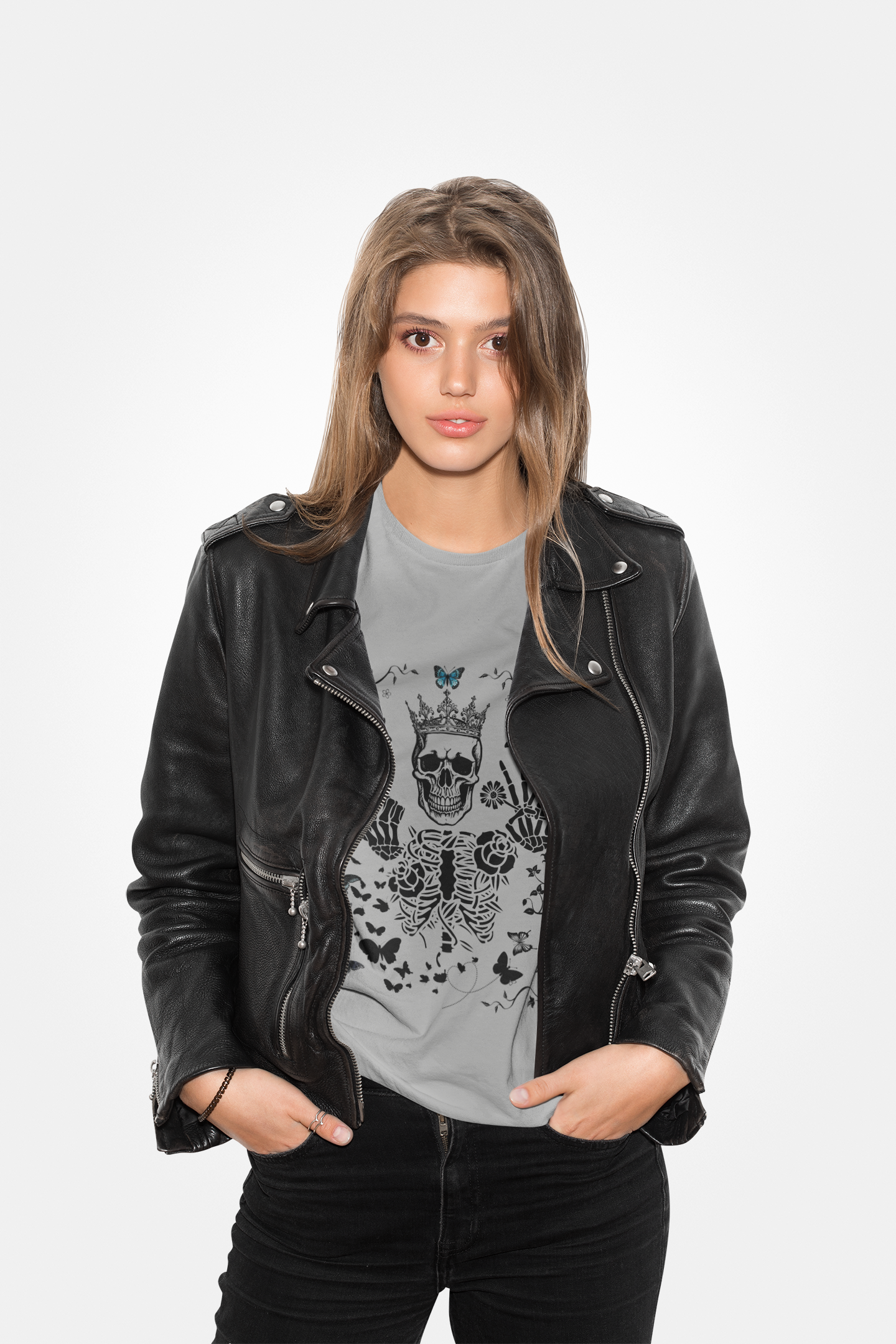 Skeleton King Crew Tee with skull and butterfly design, perfect for casual outings and Halloween.