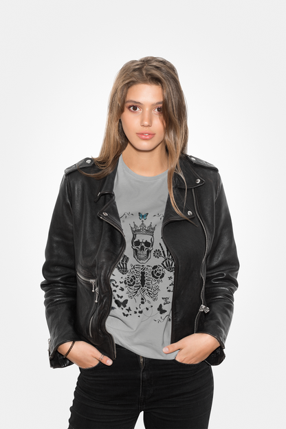 Skeleton King Crew Tee with skull and butterfly design, perfect for casual outings and Halloween.