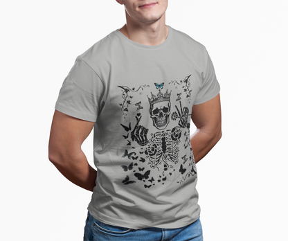 Unisex Skeleton King Crew Tee with skull and butterfly design, perfect for Halloween and casual wear.