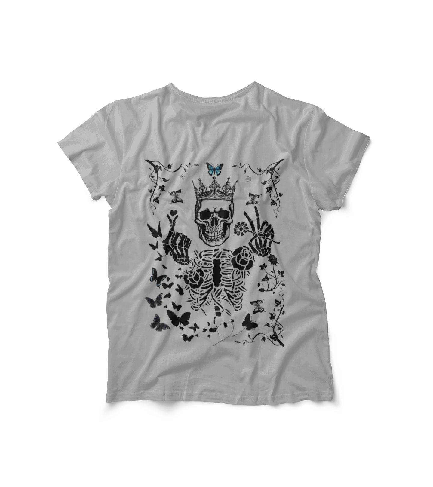 Unisex Skeleton King Crew Tee with skull and butterfly design, perfect for Halloween and casual wear.