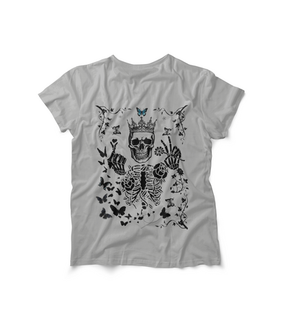Unisex Skeleton King Crew Tee with skull and butterfly design, perfect for Halloween and casual wear.