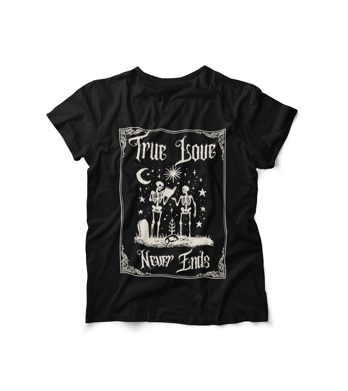 Black True Love Never Ends T-shirt with skeleton couple and celestial design print