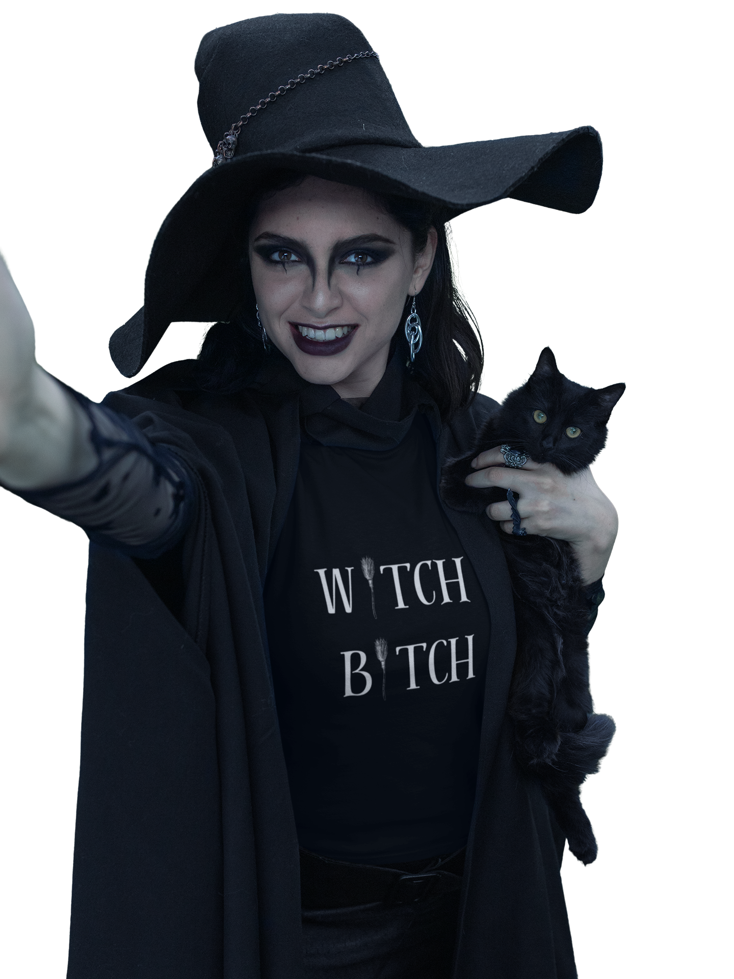 Unisex black jersey short sleeve tee with "W*tch B*tch" text, worn by a person dressed as a witch holding a black cat.