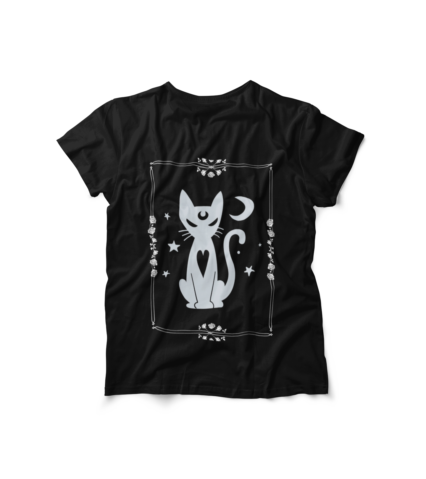 Black unisex t-shirt with a mystical witchy cat and moon graphic design