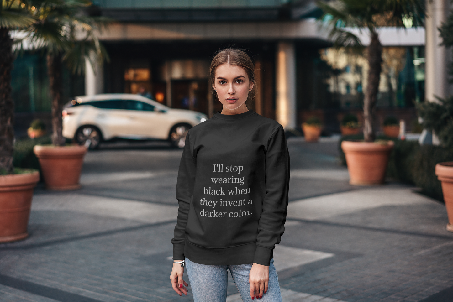Funny Dark Humor Crewneck Sweatshirt – "I'll Stop Wearing Black When They Invent a Darker Color"