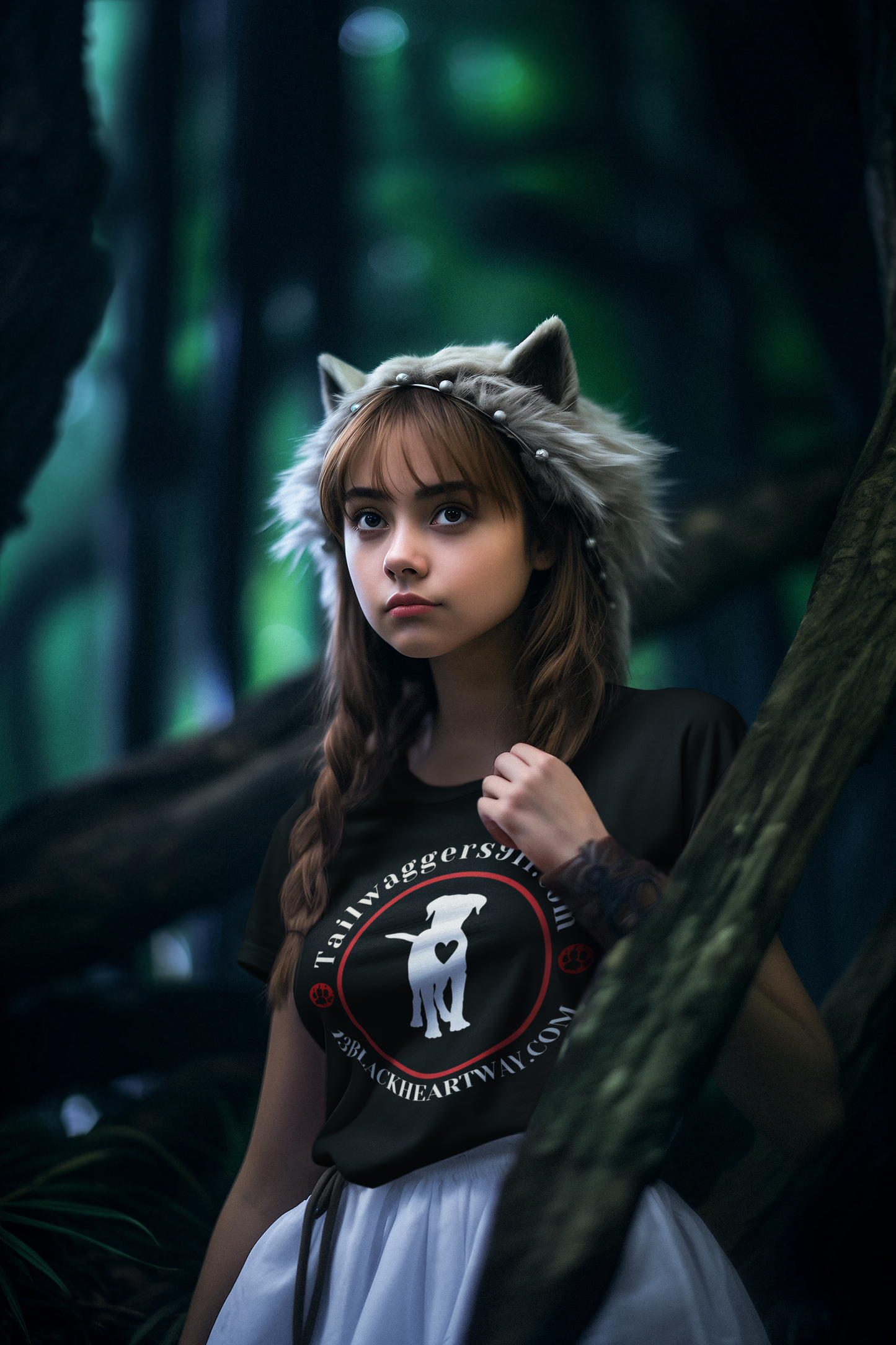 Child wearing Tailwaggers 911 Kids Heavy Cotton Tee in forest setting with wolf-ear headband