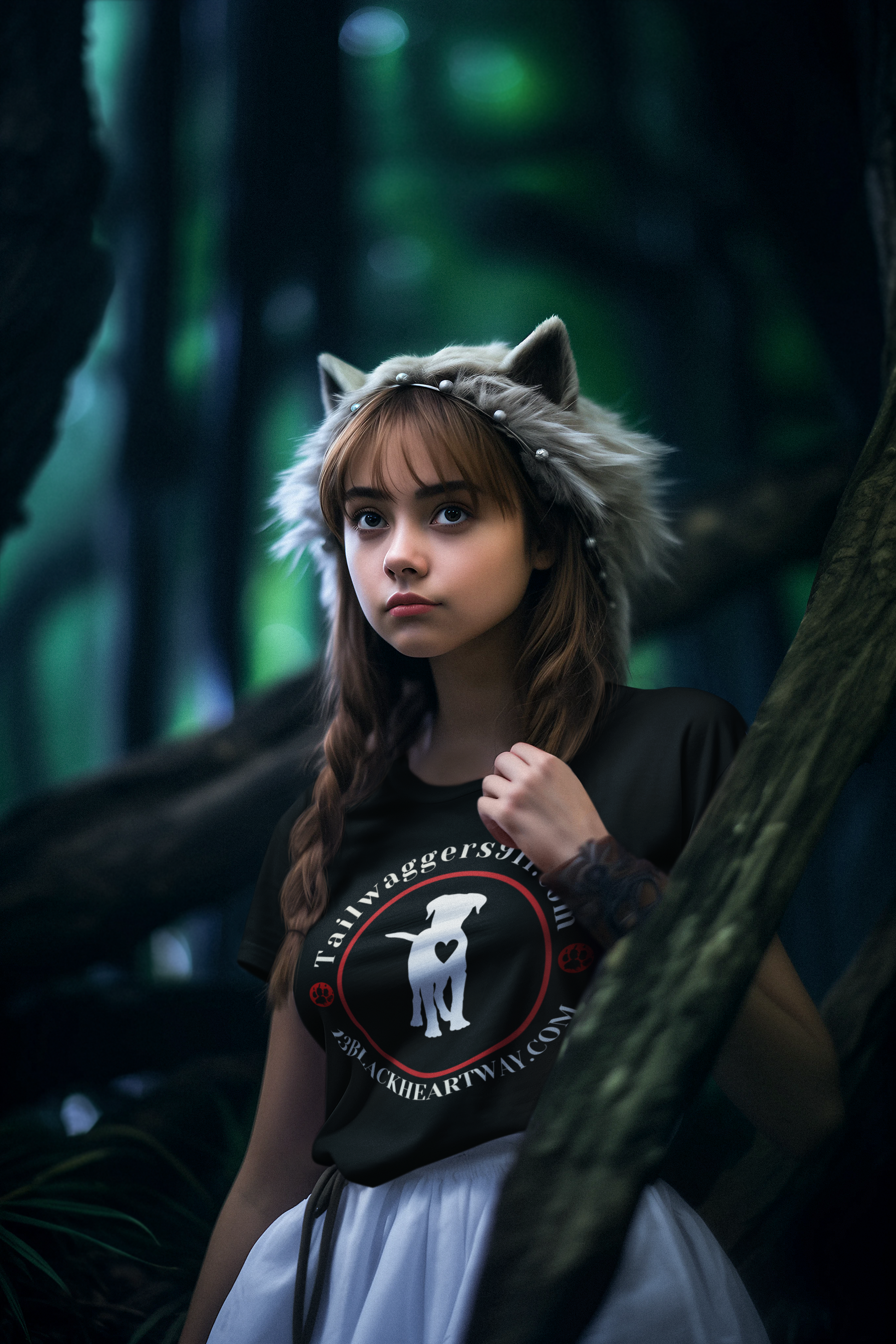 Child wearing Tailwaggers 911 Kids Heavy Cotton Tee in forest setting with wolf-ear headband