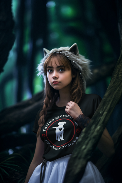Child wearing Tailwaggers 911 Kids Heavy Cotton Tee in forest setting with wolf-ear headband
