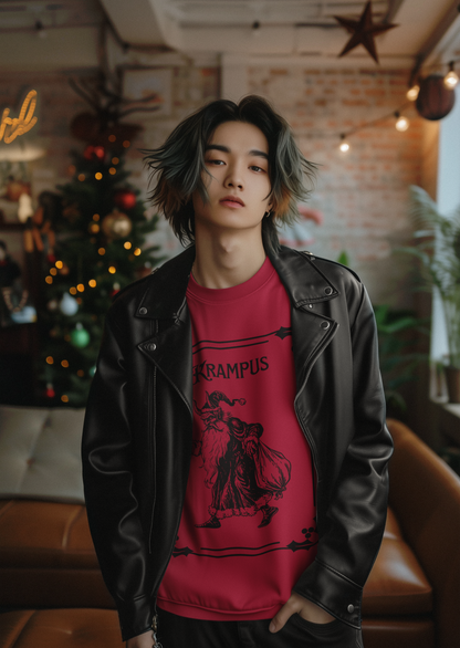 Young person wearing red Krampus long sleeve tee with black graphic, styled under a black leather jacket in cozy holiday room