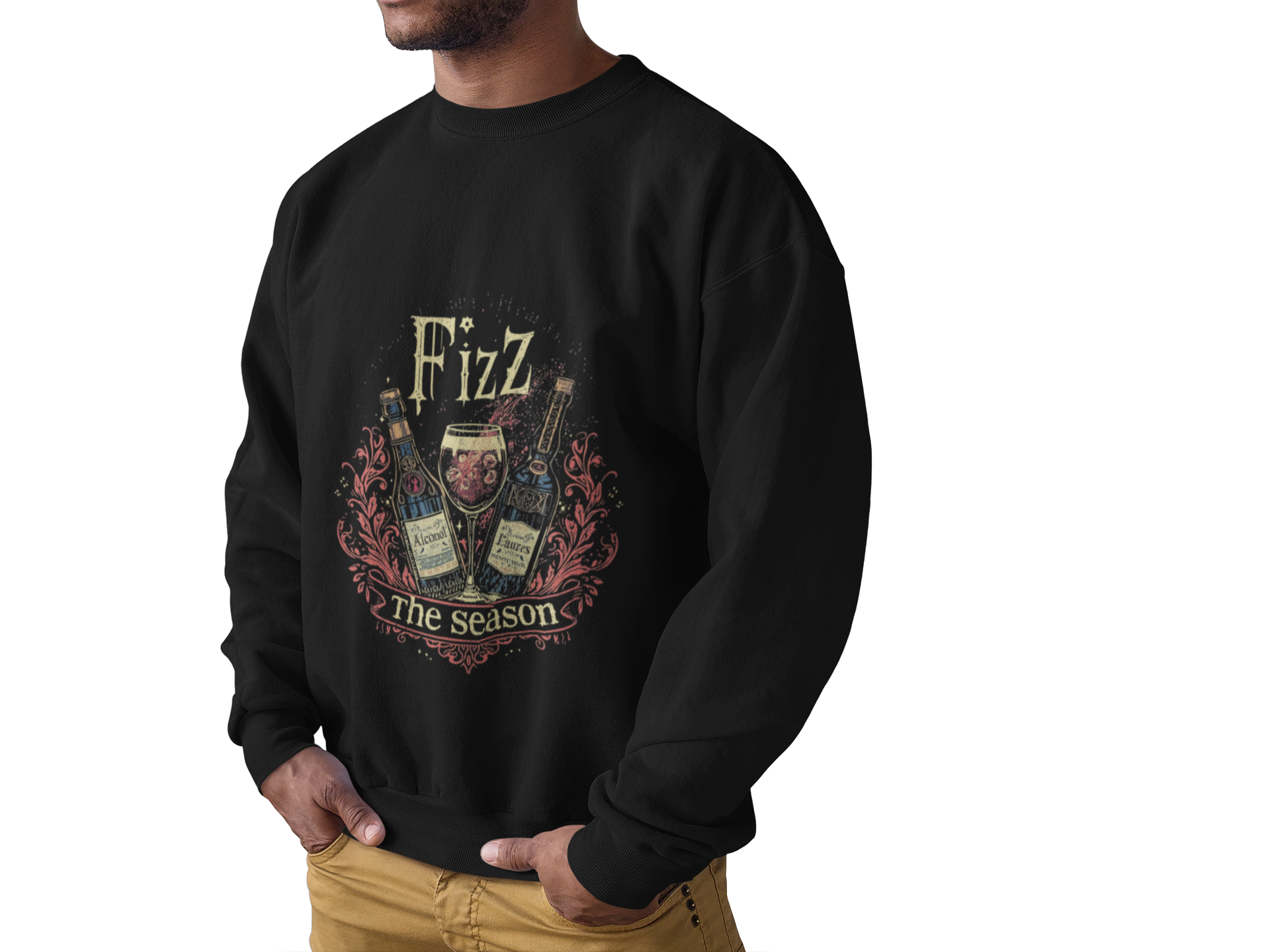 Man wearing black "Fizz the Season" vintage ale holiday crewneck sweatshirt with distressed ale bottle and glass design