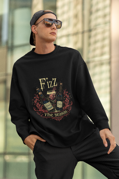 Man wearing black "Fizz the Season" vintage ale holiday crewneck sweatshirt with graphic bottles of ale and festive design