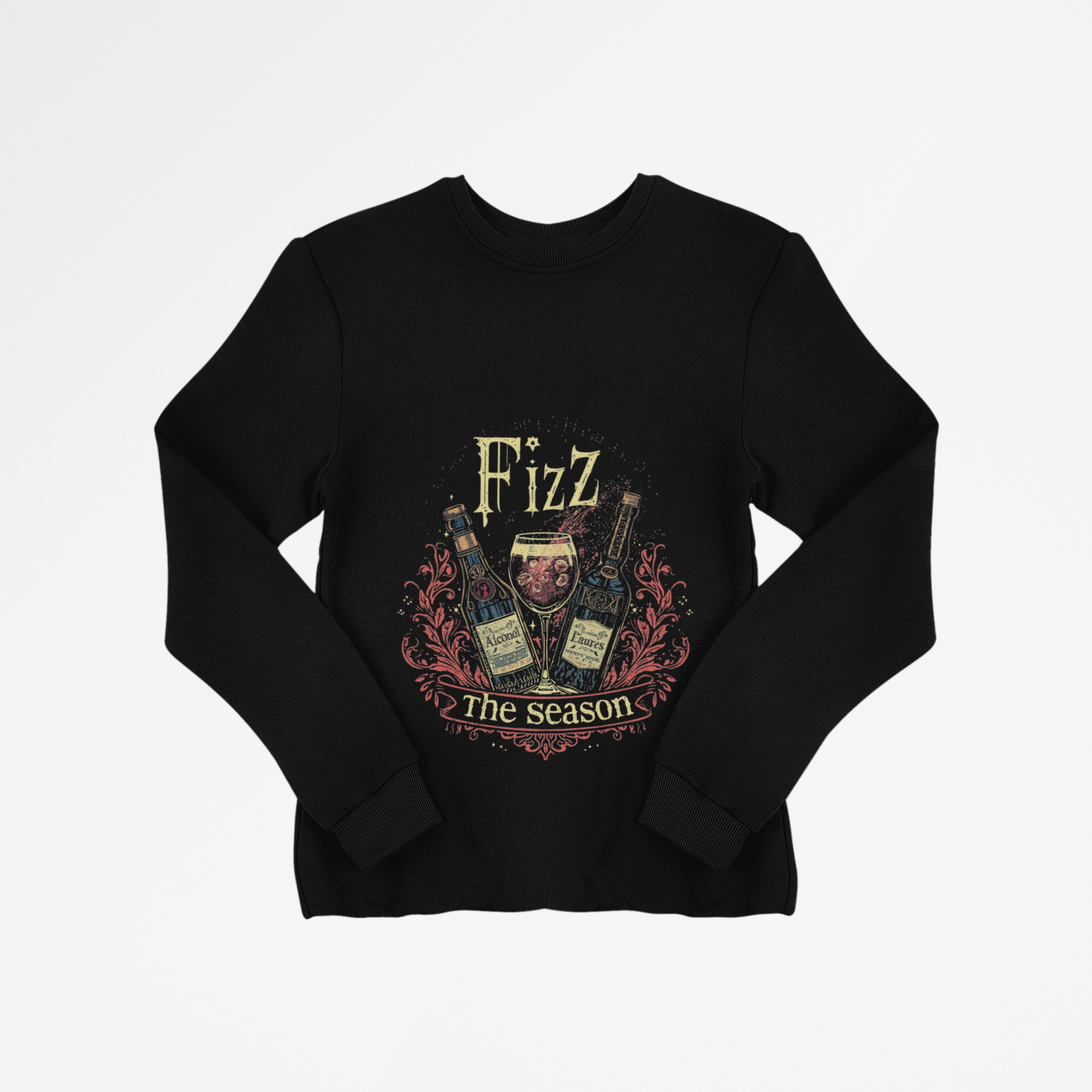 Black crewneck sweatshirt with vintage-style "Fizz the Season" ale bottles and festive design print