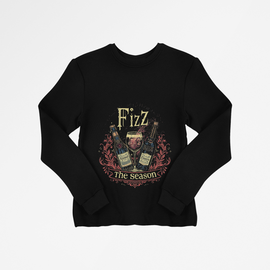 Black crewneck sweatshirt with vintage-style "Fizz the Season" ale bottles and festive design print