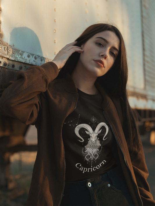 Young woman wearing Ambitious AF Capricorn Tee with skeletal sea-goat and constellation design outdoors