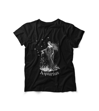Black Alien Emissary Aquarius Tee with gothic water-bearer design and Aquarius text
