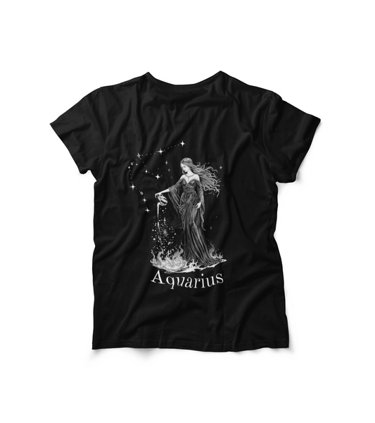 Black Alien Emissary Aquarius Tee with gothic water-bearer design and Aquarius text