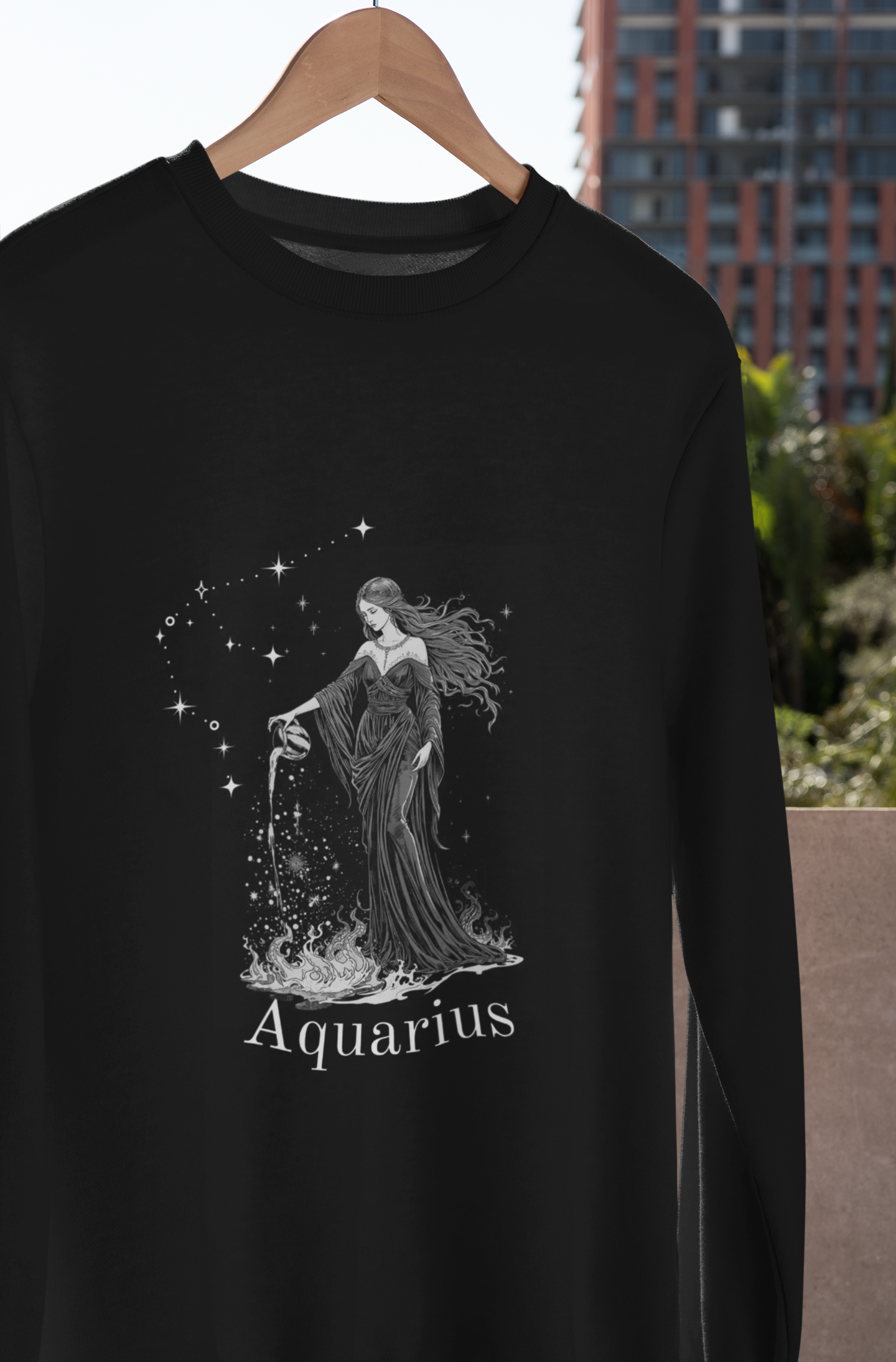 Black Cosmic Exile Aquarius sweatshirt with gothic water-bearer stardust design