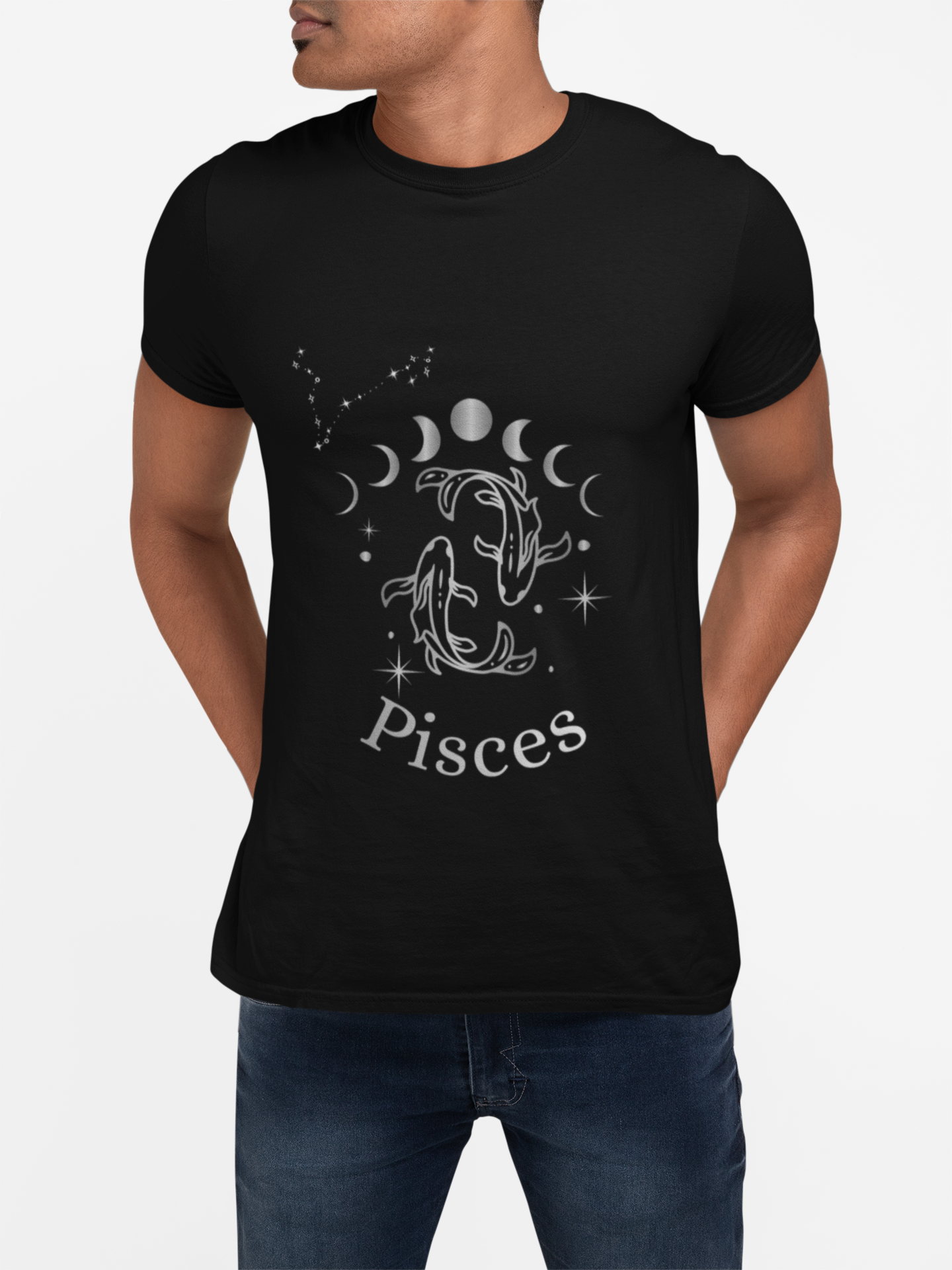 Black Professional Daydreamer Pisces Tee with skeletal fish and moon phases design on front