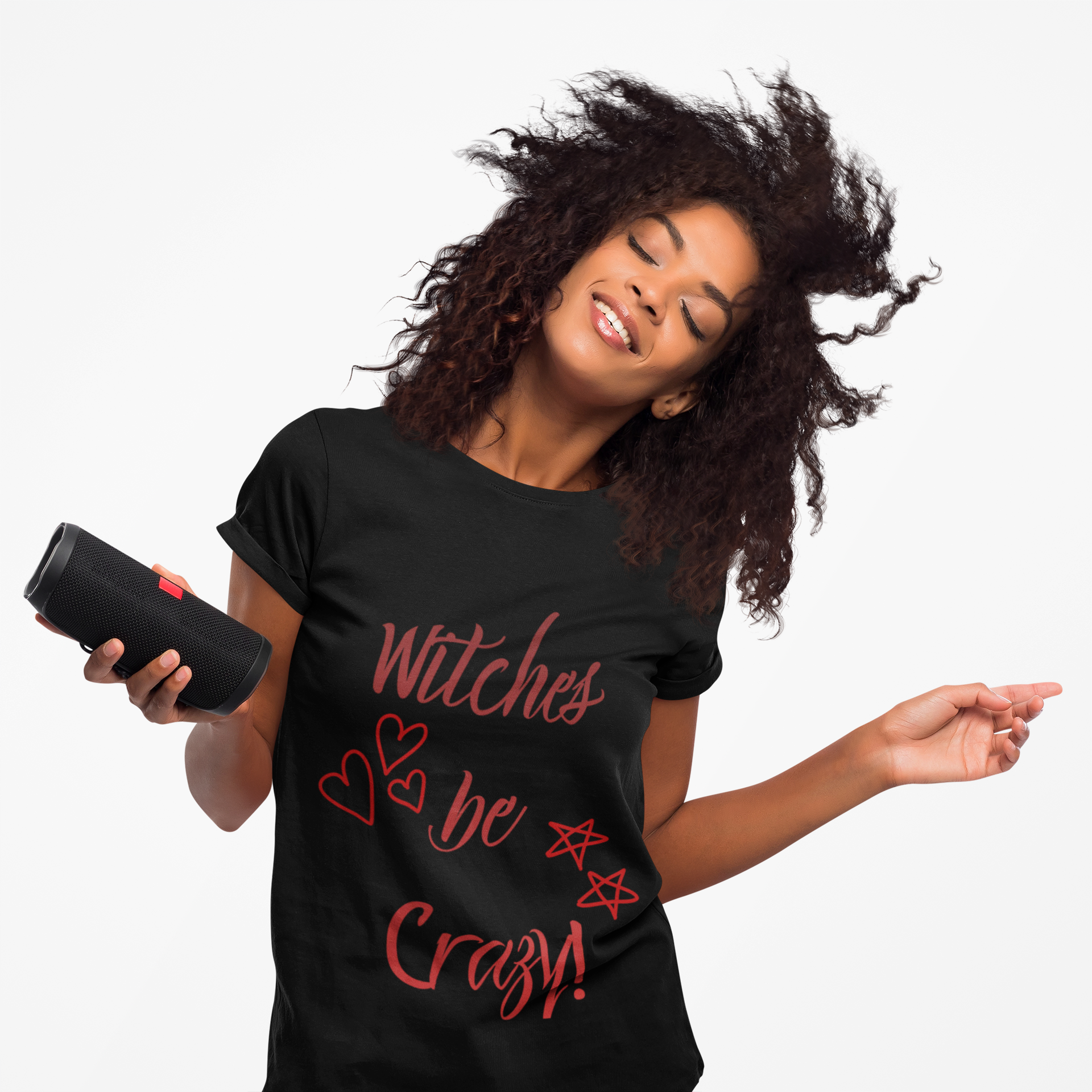 Unisex short sleeve black tee with red "Witches Be Crazy" text and star and heart graphics