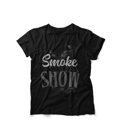 Black "Smoke Show" T-shirt with bold text and smoky design, casual fit, Bella+Canvas 3001 fabric.