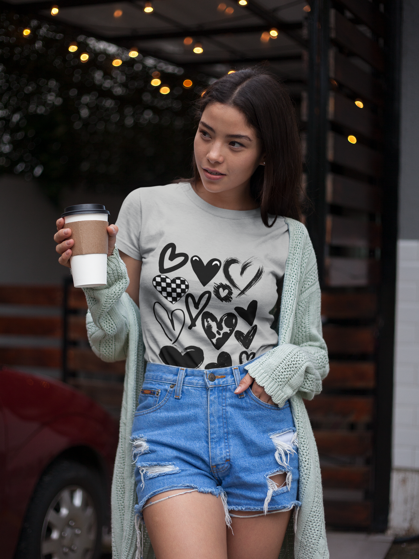 Heather grey Emotional Static Tee with black heart prints on chest, soft and moody casual t-shirt