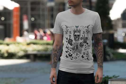 Heather gray Skeleton King Crew Tee with crowned skeleton holding black heart and peace sign design