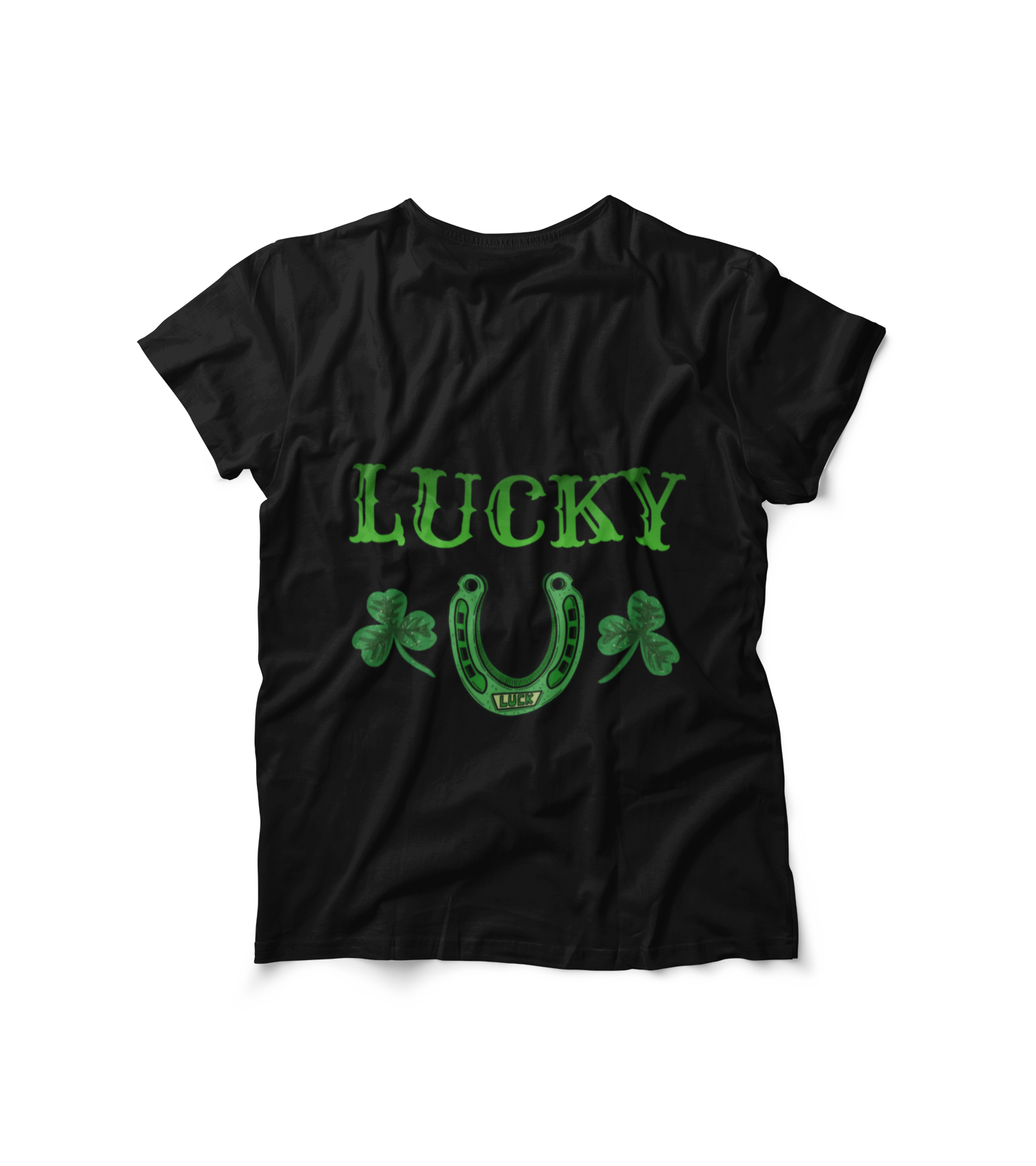 Black "Manifestly Miserable" graphic tee with ironic "Lucky" script, three-leaf clover, and horseshoe design