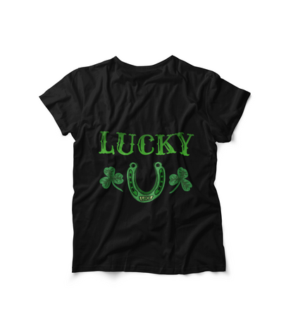 Black "Manifestly Miserable" graphic tee with ironic "Lucky" script, three-leaf clover, and horseshoe design
