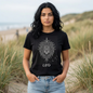 Black t-shirt with gothic lion skull and Leo constellation stars, "Main Character of the Afterlife" design