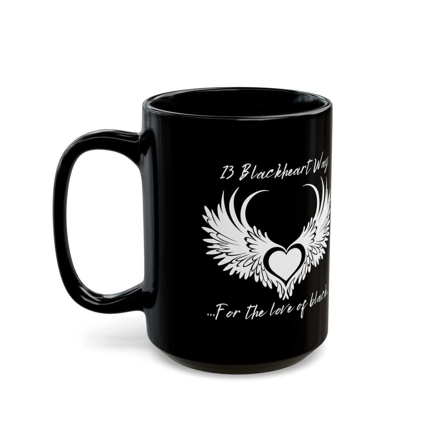 Black ceramic mug with Blackheart logo and winged heart design, available in 11oz and 15oz sizes.