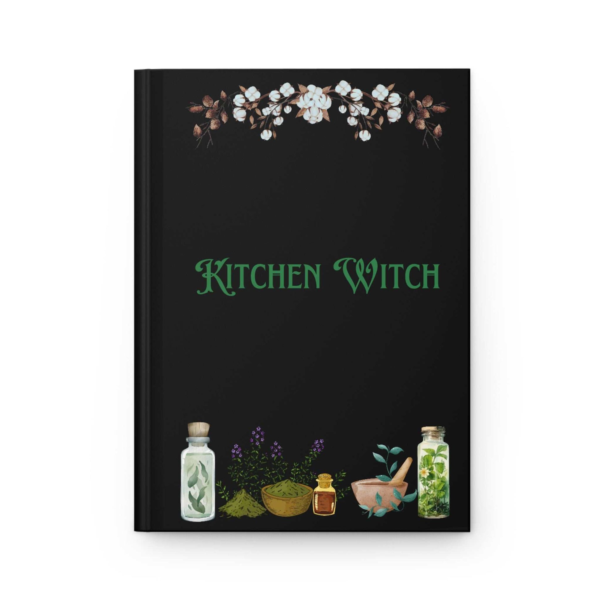 Kitchen Witch hardcover journal with floral design and potion bottles on cover.