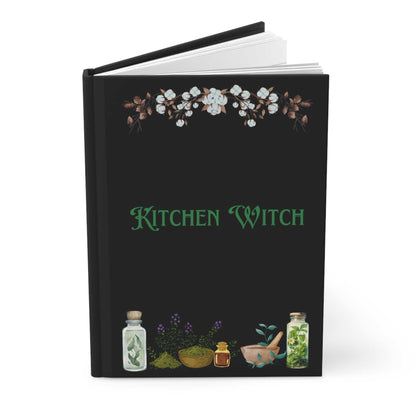 Kitchen Witch Hardcover Journal with floral and herbal design on black matte cover.
