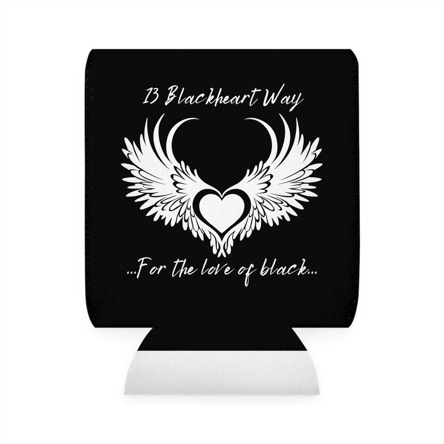 Can Cooler Sleeve with Blackheart Logo for 12 oz cans, durable neoprene, collapsible design.