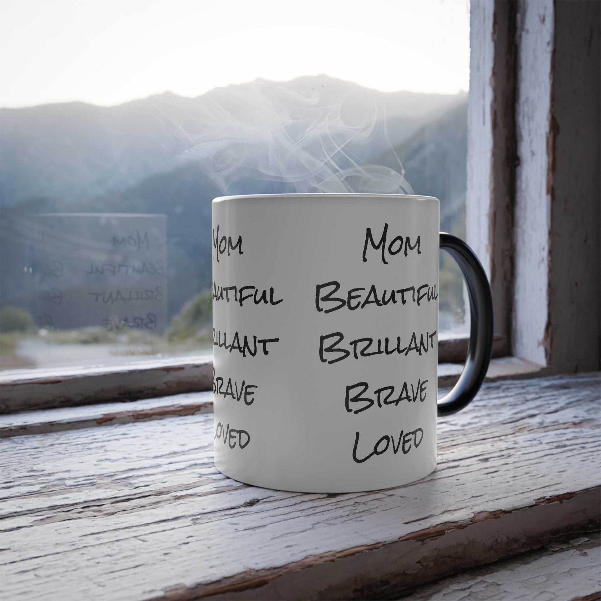 Black 11oz moms color morphing mug revealing humorous adjectives when heated