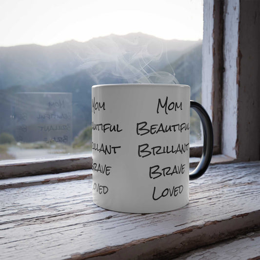 Black 11oz moms color morphing mug revealing humorous adjectives when heated