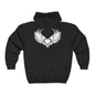 Black unisex zip-up hoodie with white winged heart Blackheart logo on back, cozy and casual outerwear for fall