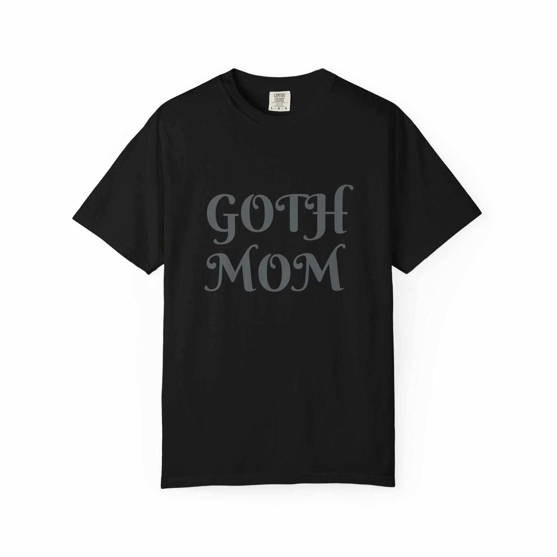 Women Black Printed Tee with "Goth Mom" text, perfect for gothic style.